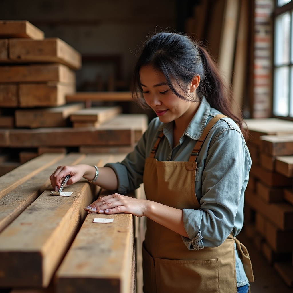 Reclaimed timber beams stacked and labelled inside a workshop for reuse in a new project