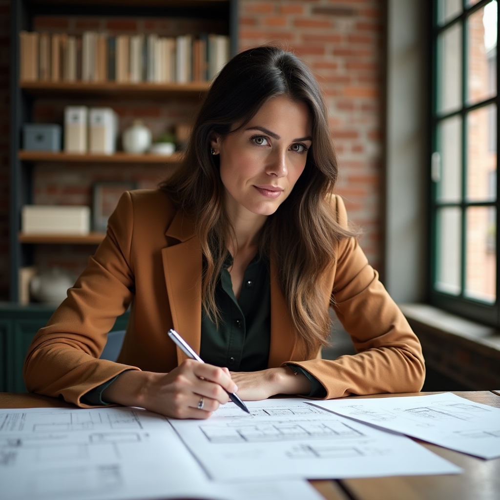 Architect reviewing zoning documents and building plans spread across a table in a converted office
