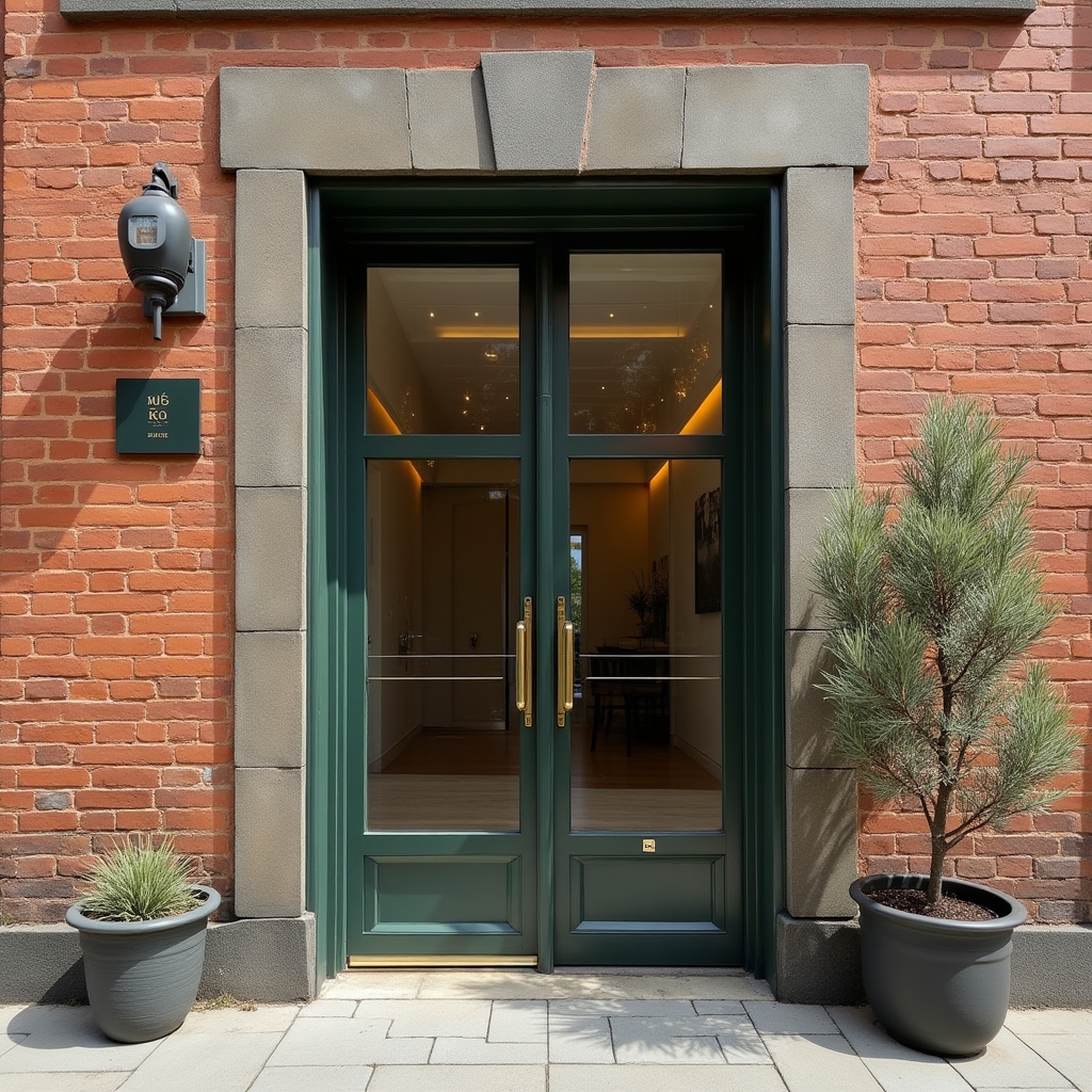 Entrance of the Kubika studio office set within a converted brick building facade