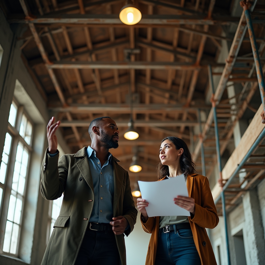 Developer and architect discussing renovation plans while standing inside an unfinished industrial building