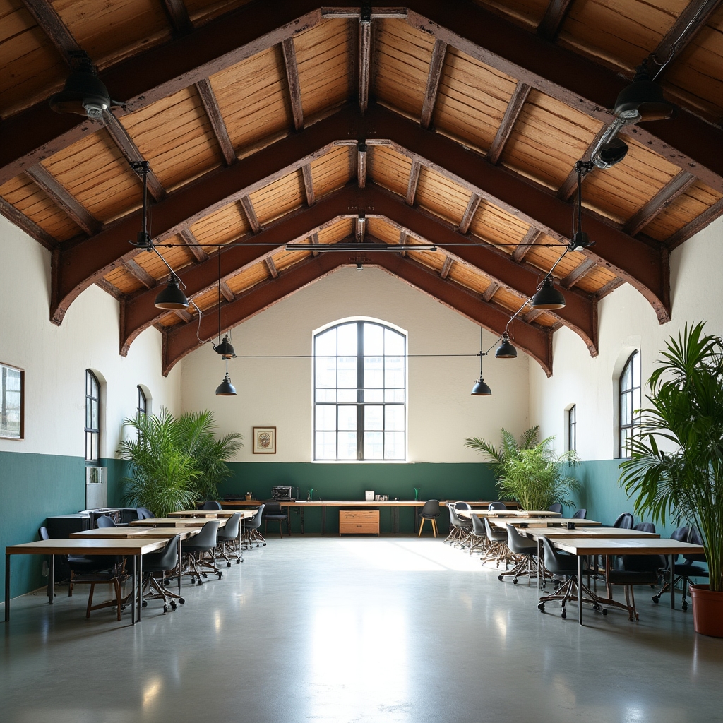 Exposed steel roof trusses above an open converted workspace with natural light streaming through