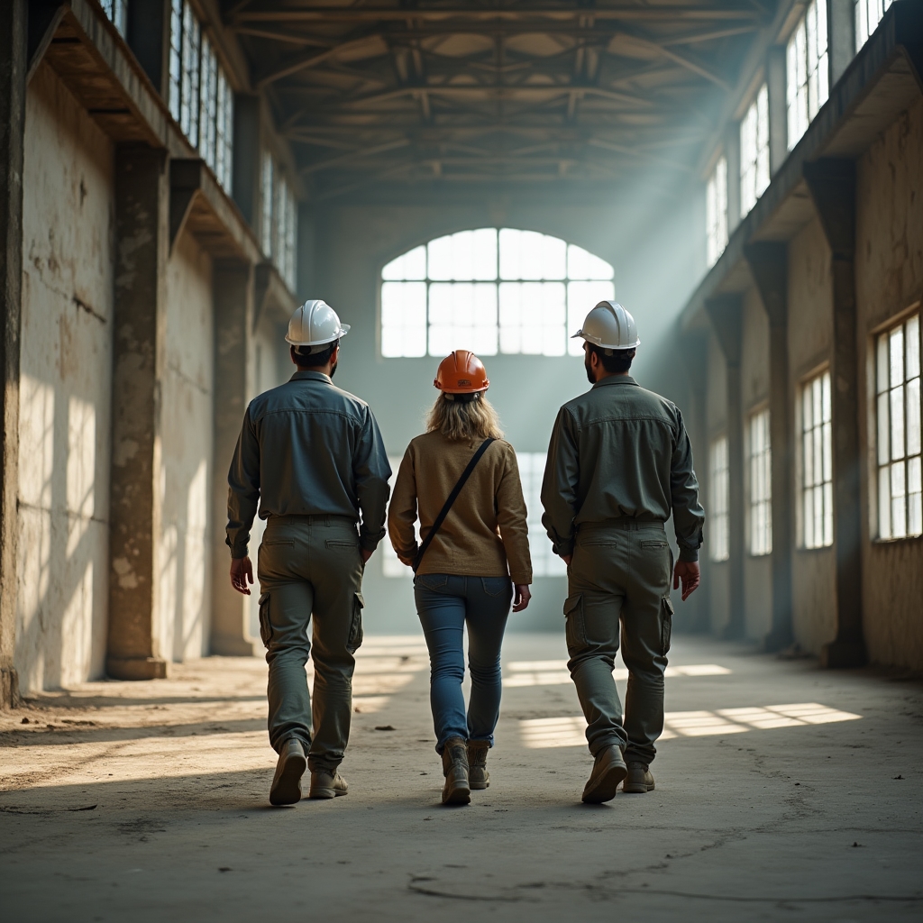 Design team walking through an unrenovated industrial building assessing structural elements